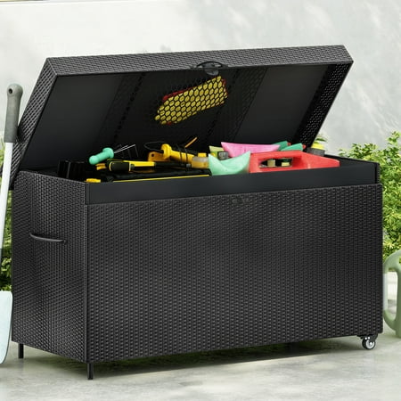 Seizeen Outdoor Storage Box, All-weather Waterproof Deck Box, PE Rattan Wicker Storage Bin for Pool Patio Cushions Toy Tools, Large Lockable Storage Box with Wheels, Liner, Mesh Pocket