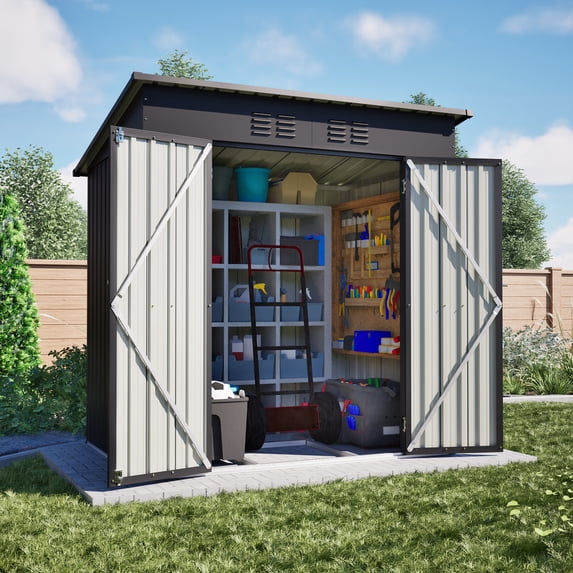 Sheds & Outdoor Storage, 6x4ft Outdoor Shed w/Floor Frame, Lockable Metal Garden Storage for Bike Pet Tool, Waterproof Ventilated Slope Roof