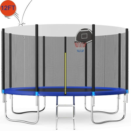 Outdoor Trampoline for Kids, Seizeen 12FT Kids Trampoline W/ Enclosure Net, Heavy-duty Rebounder Trampoline with Basketball Hoop, Ladder, Upgraded 4-W Support