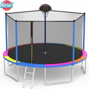 Seizeen Colorful Kids Trampoline Outdoor, 12FT Round Trampoline W/ Enclosure Net, Heavy-duty Trampoline with Basketball Hoop, Ladder, Upgraded 5-W Support