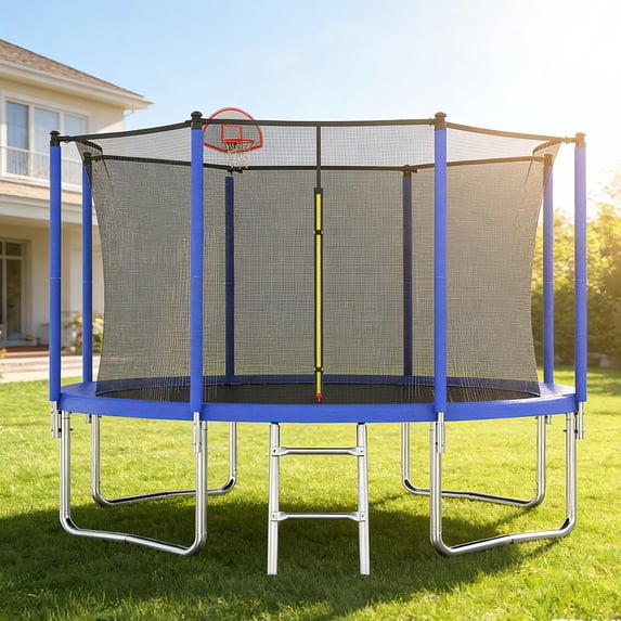 Outdoor Trampoline for Kids, Seizeen 12FT Kids Trampoline W/ Enclosure Net, Heavy-duty Rebounder Trampoline with Basketball Hoop, Ladder, Upgraded 4-W Support