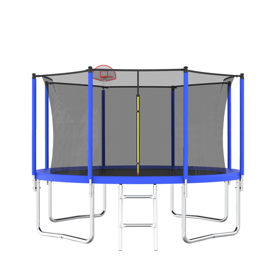 Outdoor Trampoline for Kids, Seizeen 12FT Kids Trampoline W/ Enclosure Net, Heavy-duty Rebounder Trampoline with Basketball Hoop, Ladder, Upgraded 4-W Support