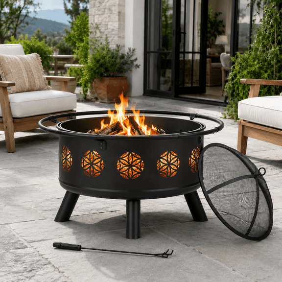 Seizeen Outdoor Wood Burning Fire Pit, 30 Inch Round Firepit with Hinged Spark Screen, Lift Ring, Log Grate and Floral Cutouts, Heavy Duty Wrought Iron Fire Bowl for Patio, Backyard and Garden, Black