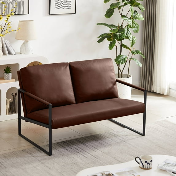 Seizeen PU Leather 2-Seater Sofa, Modern Accent Loveseat Sofa Chair with Metal Frame, Home Upholstered Comfy Arm Sofa with Padded Back and Seat, for Living Room, Bedroom, Lounge, Brown, L0444