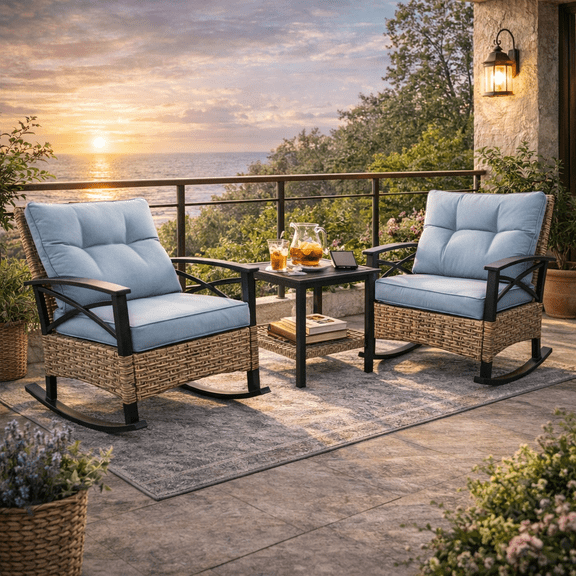 Seizeen Indoor Outdoor Rocking Chair Set of 2, Balcony Furniture Patio Bistro Set for Living Room, Bedroom, 3pcs Rattan Wicker Conversation Set with Steel Table, Blue Cushions and Pillows