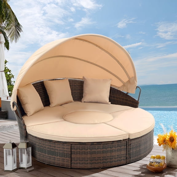 4-piece Outdoor Patio Daybed with Retractable Canopy, Rattan Wicker Sectional Conversation Soft Set, Pool Furniture Set with Lifting Ottoman Table, Cushions and Pillows, Khaki