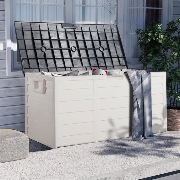 Seizeen Patio Deck Box, Large Outdoor Storage Box with Wheels for Pool Accessories, Waterproof Storage Furniture for Garden, 75 Gallon, White