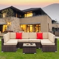 thumbnail image 1 of Seizeen Patio Funiture Set, Patio Sectional Sofa with 1 Multifunctional Table & Ottoman, 5-Piece Gray PE Wicker Rattan Sectional Sofa Set for Garden, Poolside, Backyard, Beige Cushions, 1 of 9
