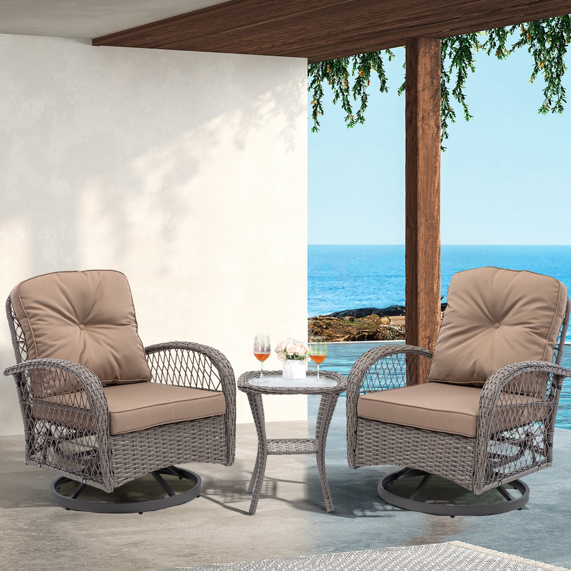 3 Pieces Patio Furniture Set, Outdoor Rattan Swivel Rocker Chairs w/Coffee Table, Wicker Patio Bistro Set for Porch Poolside, Patio Conversation Sets w/Cyan Thickened Cushions