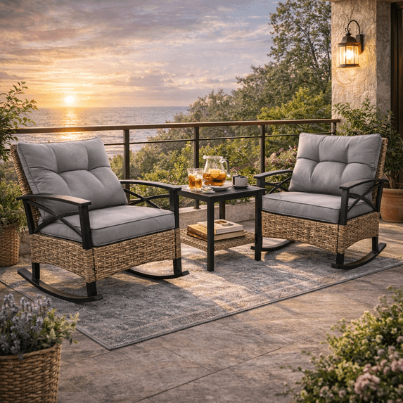 Indoor Rocking Chair with Table, Seizeen Modern Grand Rattan Rocker Chairs, Cushiones Recliner Chair for Living Room, Bedroom, Study Room, Gray