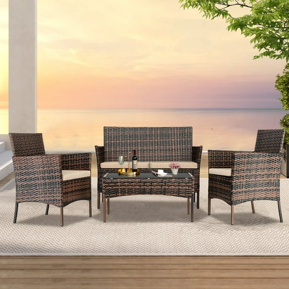 Seizeen Patio Furniture Set, 4pcs Rattan Wicker Furniture Outdoor Balcony, Cushioned Patio Conversation Set with Tempered Glass Table for Porch Lawn Garden