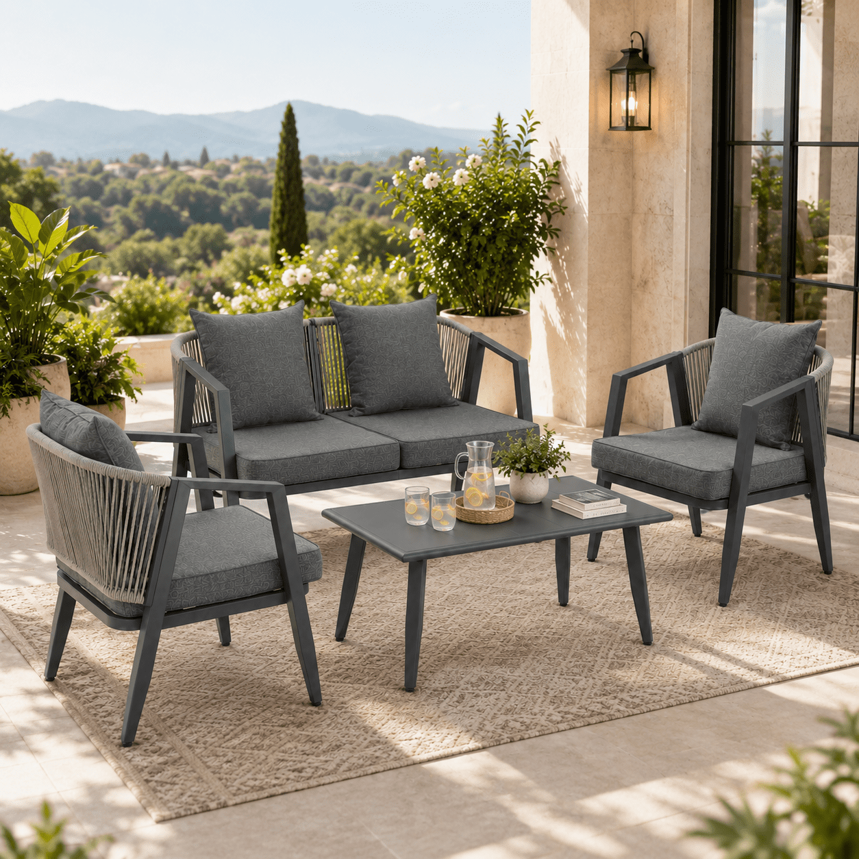 Patio Furniture Set on Sale, 4-Piece Outdoor Conversation Set with Thickened Cushions, Heavy-duty Iron Frame Sectional Sofa Set with Steel Coffee Table for Patio, Lawn, Garden, Balcony & Poolside