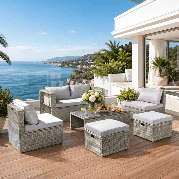 Patio Furniture Set on Sale, 4-Piece Outdoor Conversation Set with Thickened Cushions, Heavy-duty Iron Frame Sectional Sofa Set with Steel Coffee Table for Patio, Lawn, Garden, Balcony & Poolside