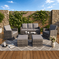 thumbnail image 1 of 6-Piece Outdoor Patio Furniture Set, PE Rattan Conversation Sofa Set with 3-Seat Sofa, 2 Chairs, 2 Ottomans & Glass Coffee Table, Gray Wicker with Dark Gray Cushions for Patio, Poolside, Backyard, 1 of 10