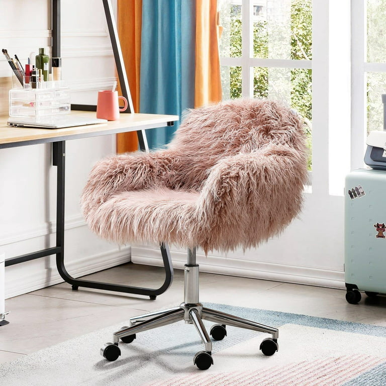 Seizeen Modern Vanity Chair, Pink Faux Fur Desk Chair, Cute Fluffy  Upholstered Vanity Chair, Height Adjustable Office Chair, Home Swivel  Accent Chair with Wheels, for Living Room, Bedroom