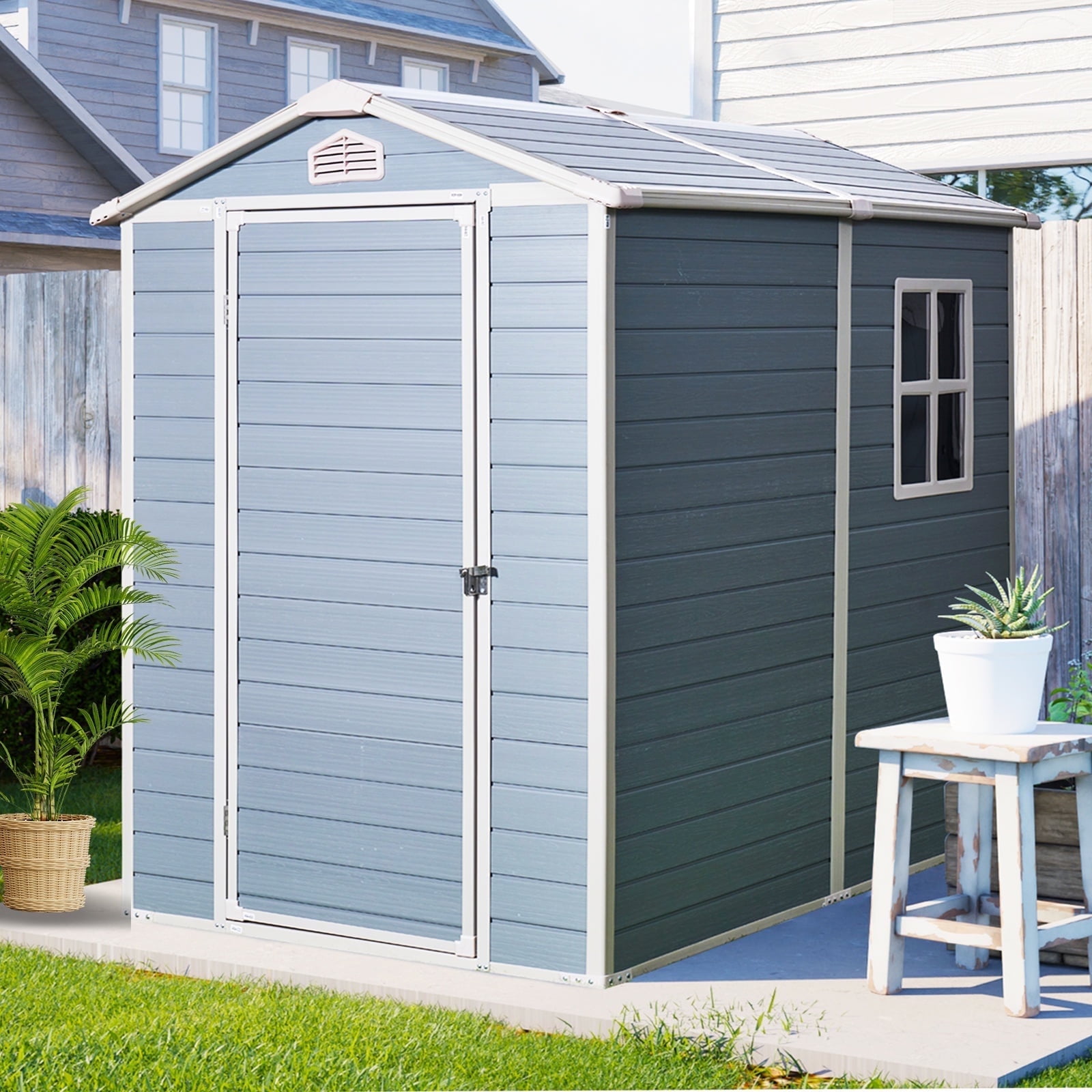 Seizeen Plastic Shed with Floor, 4 x 6FT Sloped Top Outdoor Storage Shed, Quick Assembly Resin Shed with Window, All-Weather Garden Tool Shed Lockable