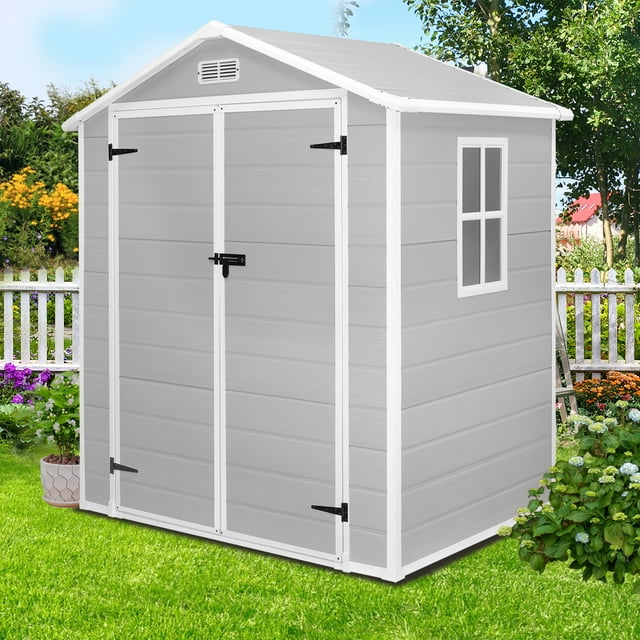 Seizeen Plastic Shed with Floor, 6 x 4.4FT Sloped Top Outdoor Storage ...