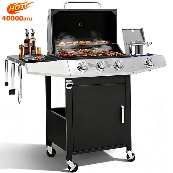 BBQ Grill, Seizeen Gas Grill with Side Burner, 40,000BTU 3-Burner Propane Grill w/Storage Cabinet, Steel Brush, Stainless Steel Camping for Backyard Patio, Portable Design on Wheels