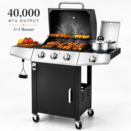 Gas Grill with Side Burner, Powerful 40,000BTU 3 Burner Propane Grill w/Cabinet, Stainless Steel Outdoor BBQ Grill Portable for Backyard Patio, Anti-Tilt Design, Universal Wheels, Warming Rack