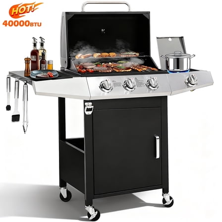 BBQ Grill, Seizeen Gas Grill with Side Burner, 40,000BTU 3-Burner Propane Grill w/Storage Cabinet, Steel Brush, Stainless Steel Camping for Backyard Patio, Portable Design on Wheels