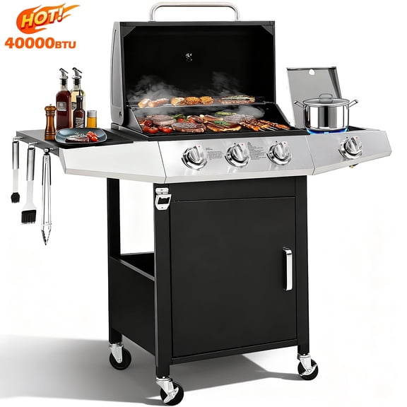 BBQ Grill, Seizeen Gas Grill with Side Burner, 40,000BTU 3-Burner Propane Grill w/Storage Cabinet, Steel Brush, Stainless Steel Camping for Backyard Patio, Portable Design on Wheels