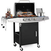 Grill, Seizeen Gas Grill with Side Burner, 40,000BTU 3-Burner Propane Grill w/Storage Cabinet, Steel Brush, Stainless Steel Camping BBQ for Backyard Patio, Portable Design on Wheels