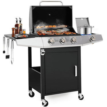 Grill, Seizeen Gas Grill with Side Burner, 40,000BTU 3-Burner Propane Grill w/Storage Cabinet, Steel Brush, Stainless Steel Camping BBQ for Backyard Patio, Portable Design on Wheels