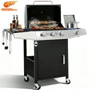 BBQ Grill, Seizeen Gas Grill with Side Burner, 40,000BTU 3-Burner Propane Grill w/Storage Cabinet, Steel Brush, Stainless Steel Camping for Backyard Patio, Portable Design on Wheels