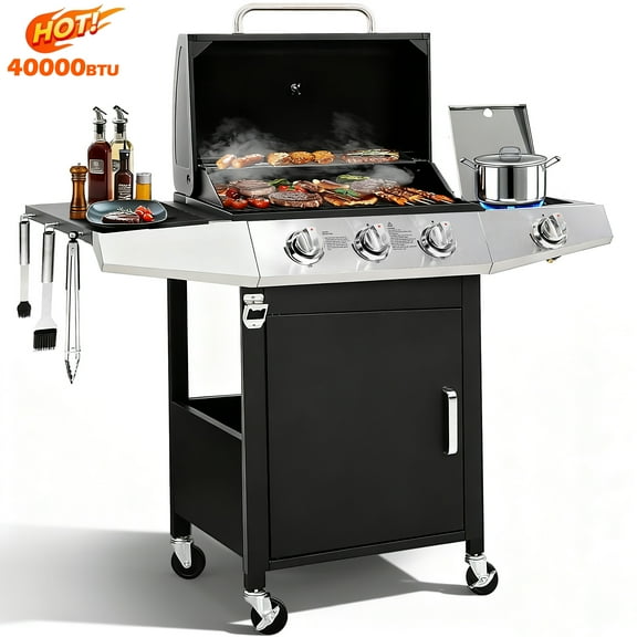 BBQ Grill, Seizeen Gas Grill with Side Burner, 40,000BTU 3-Burner Propane Grill w/Storage Cabinet, Steel Brush, Stainless Steel Camping for Backyard Patio, Portable Design on Wheels