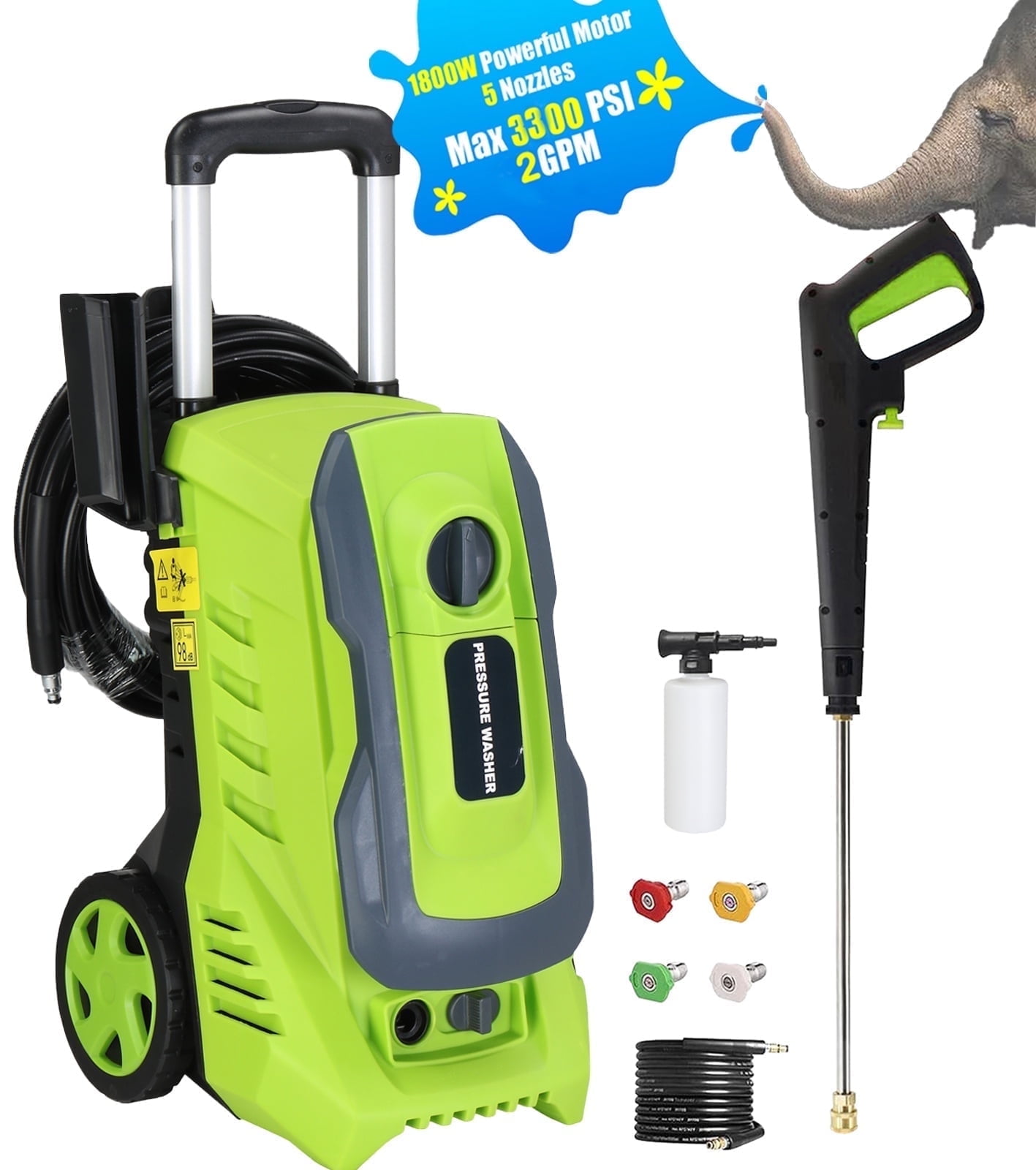Seizeen 1800W Electric Pressure Washer, 3300 PSI, 2 GPM, Multi Nozzles, Foam Cannon, 7.3M Hose