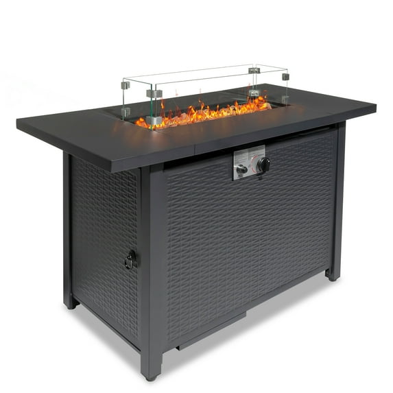 Seizeen Propane Fire Pit Table, 43in Outdoor Gas Fire Pit, 50,000 BTU Gas Fire Pit Table with Glass Guard Wind, Lid and Volcanic Stones, for Patio Backyard Deck Garden, Black