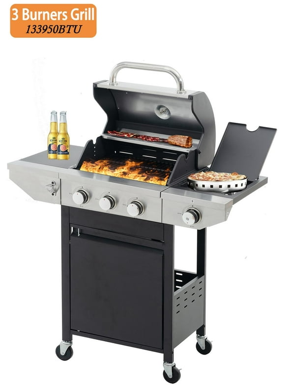 Seizeen Propane Gas Grill, 3 Burners BBQ Grill with Side Burner, Outdoor Camping Grill 430 Stainless Steel, 133950BTU, One-button Ignition System, Thermometer, 4 Wheels
