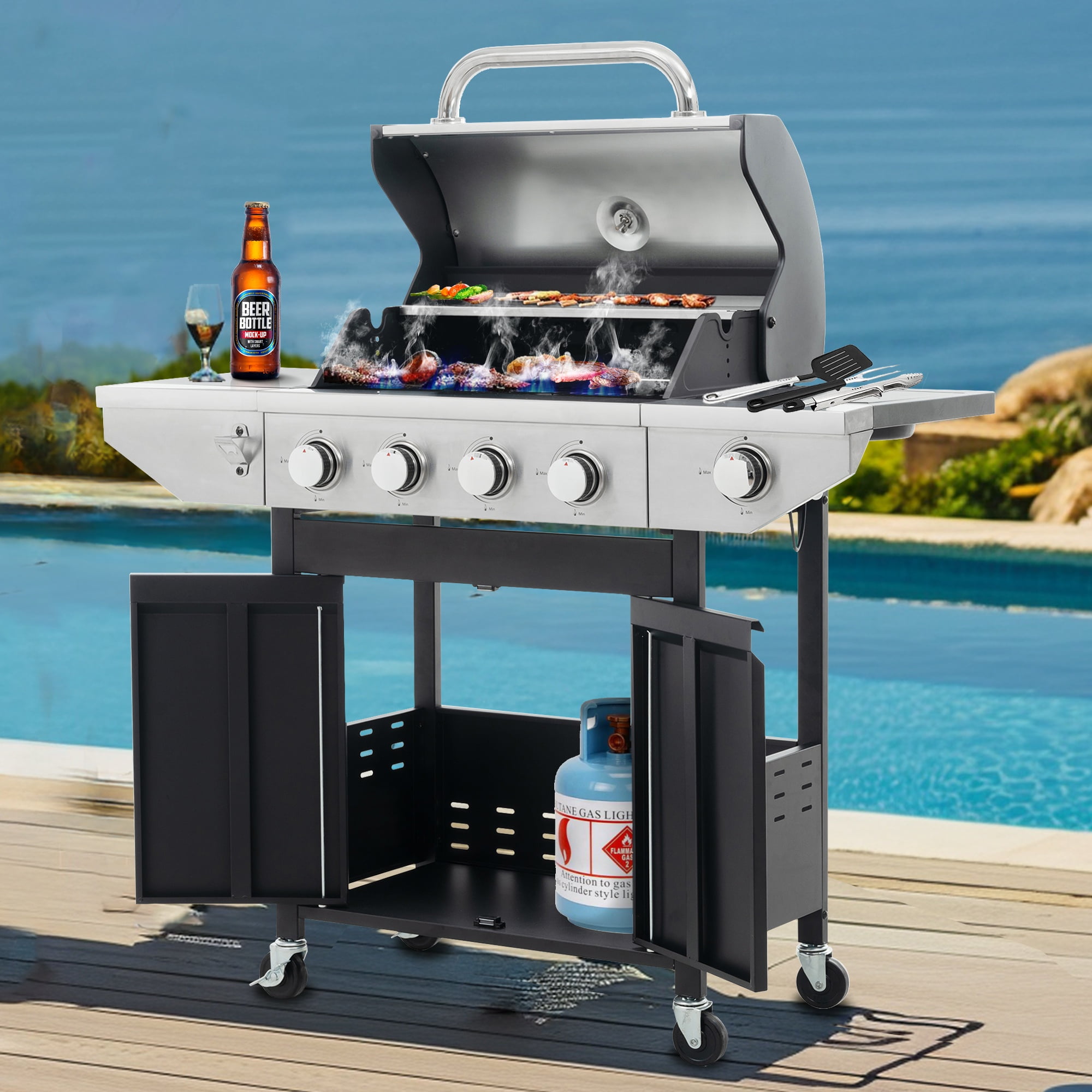 Seizeen 4-Burner Portable Gas Grill w/Side Burner,  Stainless Steel Propane Grill 50,000BTU, Outdoor Patio Camping Barbecue Grill with 4 wheels, Electronic Ignition, Multifunctional Storage Cabinet
