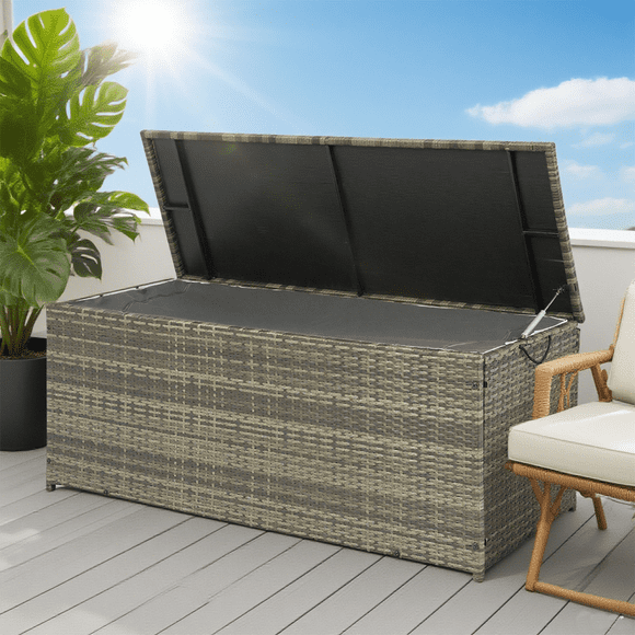 Seizeen Rattan Outdoor Storage Box, XL Wicker Deck Box & Cushion Storage Container, Waterproof Pool Box for Pool Accessories, 113 Gallon Patio Storage Box W/Inner Liner, Grey