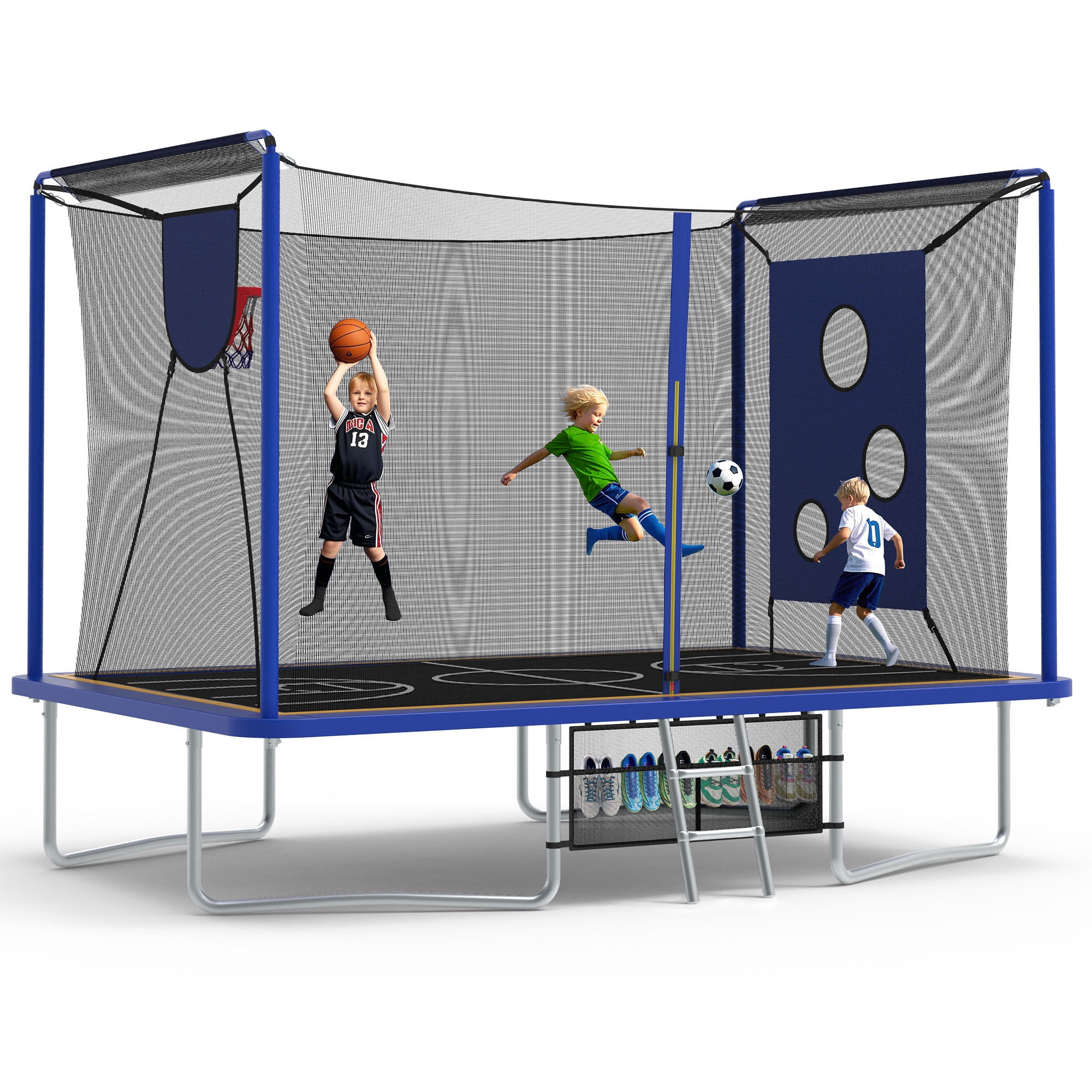 8x12FT Outdoor Trampoline for Kids, 3-IN-1 Rectangle Trampoline with Basketball Hoop, Soccer Target, Adults Trampoline Max Weight 2200LBS, Shoe Bag, Basketball, Soccer