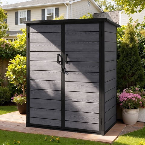 4.6x3FT Resin Storage Shed, Outdoor Lockable Cabinet with Floor and 2-Tier Shelf, Quick AssemblyDouble-Door Plastic Shed w/Floor & Sloping Top