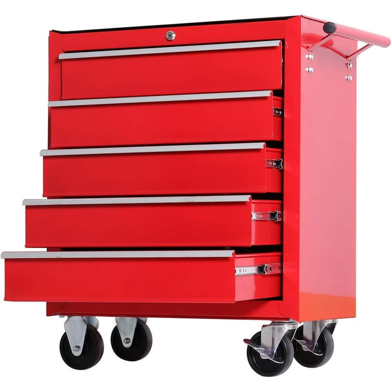Seizeen Rolling Tool Boxes On Wheels, 5 Drawers Tool Chest Storage Cabinet Metal, Multifunctional Tool Cart Lockable for Garage Workshop, 30''H Red