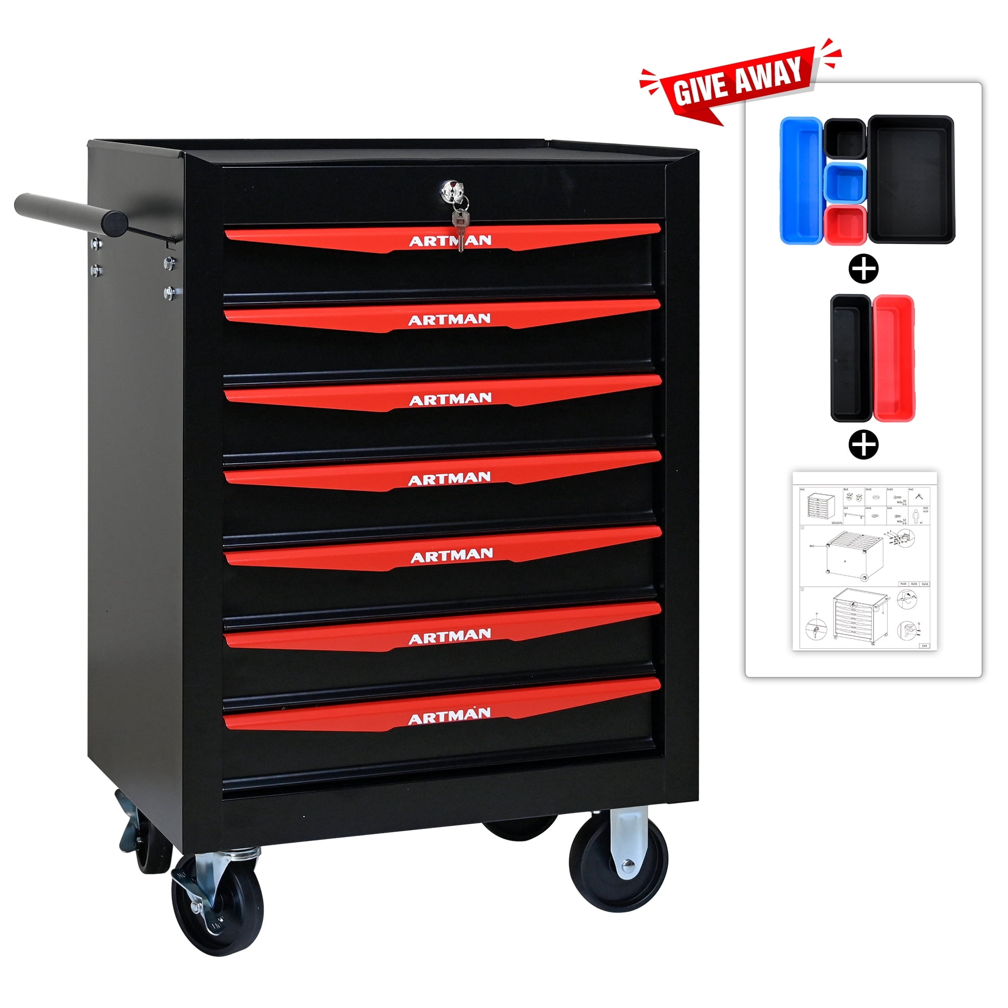 Seizeen Rolling Tool Chest on Wheels, Metal Tool Cart W/7 Drawers Small Storage Box, Storage Toolbox Organizer
