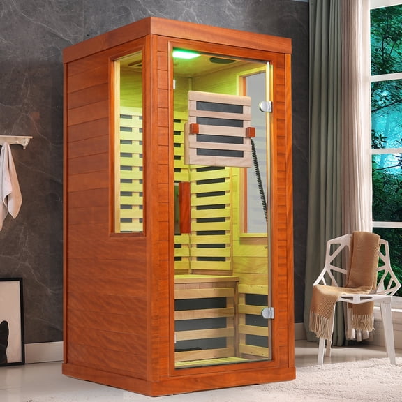 Seizeen Infrared Sauna with Beaty Lamps, 1-Person Indoor Dry Sauna with 7 Colors Light, Low EMF Okoume Wood Home Sauna Room 7 Carbon Crystal Heaters