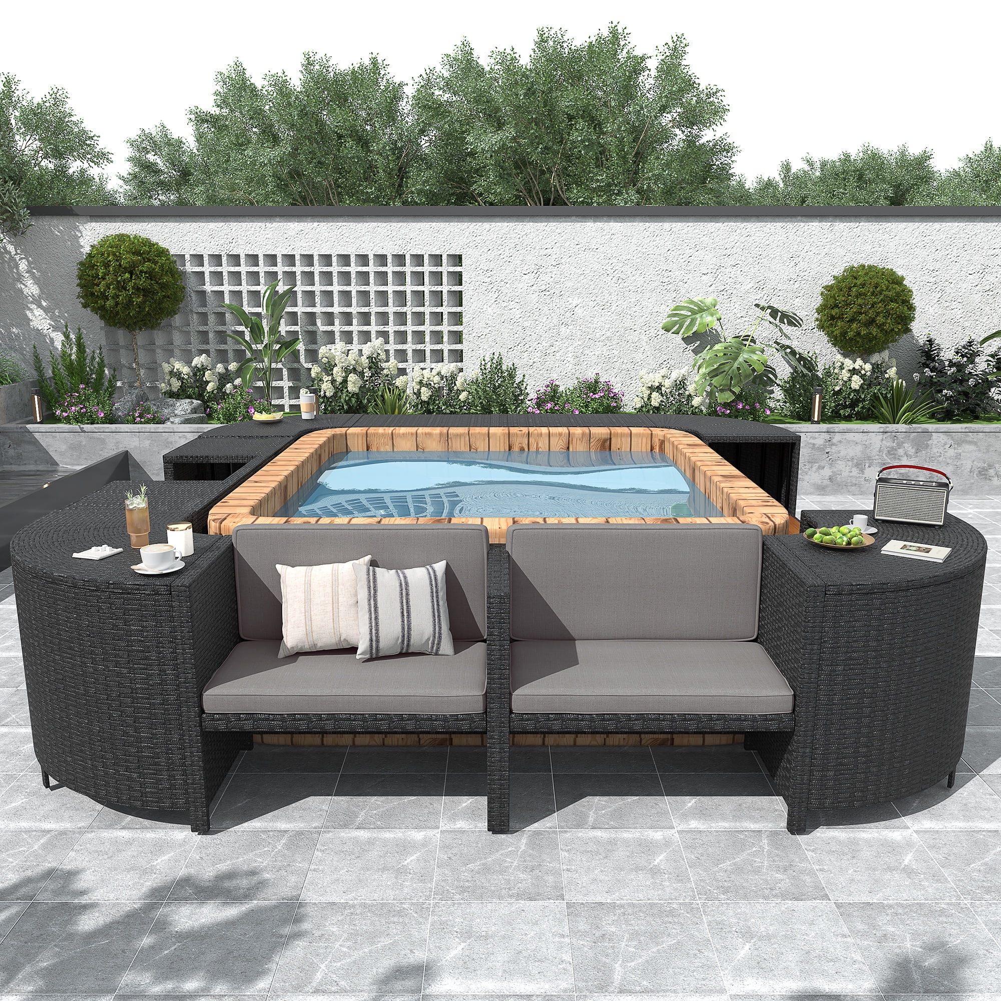 Seizeen Spa Surround Furniture for Hot Tub, 74'' Hot Tub Accessories Patio Spa Frame, Rattan Sectional Sofa for Outdoor Spa with Wood Bench, Cushioned Loveseat, Storage Cabinet, Gray