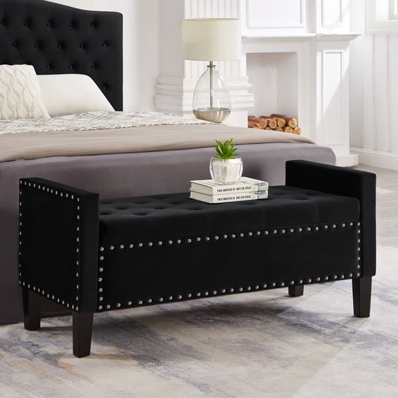 Seizeen Storage Bench, 48" Upholstered Tufted Button Storage Bench with Nails Head Trim, Entryway Living Room Soft Padded Ottoman Seat with Armrest, Velvet Fabric Bed End Bench, Black