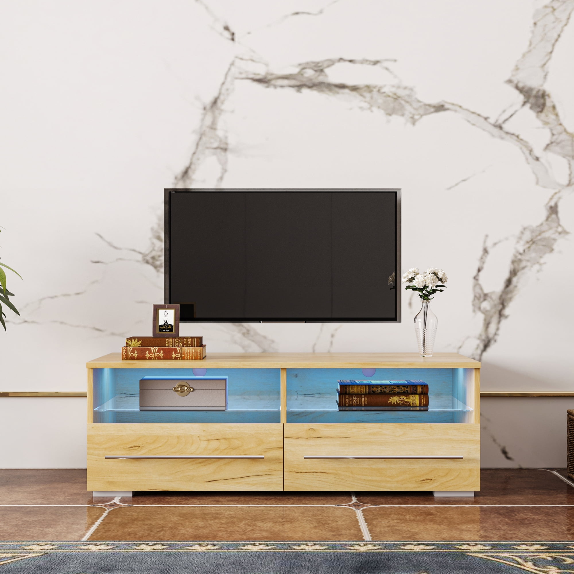 Seizeen TV Stand with LED Lights, Wooden TV Console Table with Large