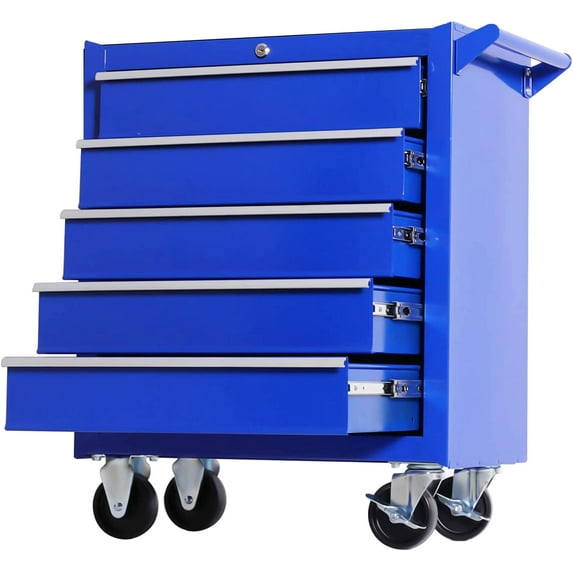 Seizeen Tool Box for Garage Organization, Heavy-Duty Red Tool Chest 5 Storage Drawer, Rooling Tool Cart Lockable for Repair Shop, Smooth Ball-Bearing Drawers