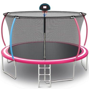 Seizeen Trampoline for Kids, 14FT Large Trampoline w/6 W-Supports, Outdoor Trampoline with Enclosure and Hoop, Curved Pole