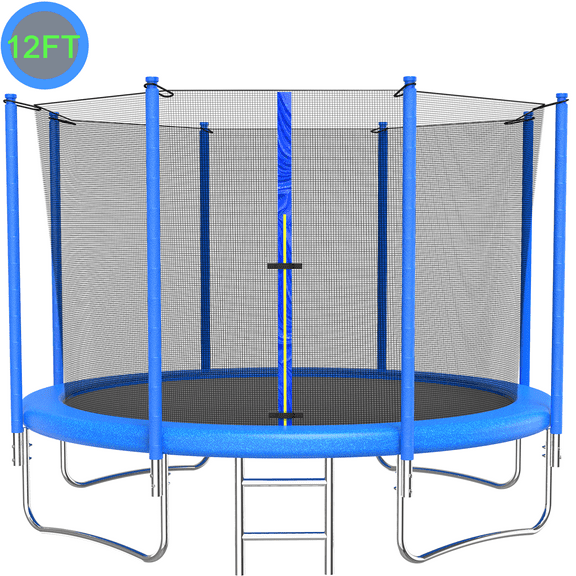 Seizeen Trampoline for Kids Adults, 12FT Outdoor Trampoline with Enclosure Net, Heavy-Duty Trampoline w/ 4 W-shaped Supports for Max 570LBS, Thickened Spring Pad, 8 Poles, 72 Color Galvanized Springs