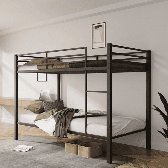Metal Bunk Bed Twin Over Twin, Low Profile Bunk Bed Frame withBuilt-in Ladder, High Guardrail and Metal Slats, Space-Saving Twin Size Bed Frame for Teens, No Box Spring Required, Black