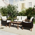 thumbnail image 1 of Seizeen 4-Piece Patio Furniture Set, PE Rattan Outdoor Conversation Set with Acacia Wood Table & Armrests, Heavy-duty Sofa Set with Cushions, Patio Seating Set for Backyard Garden Porch Deck, 1 of 10