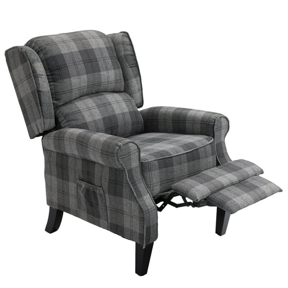 Seizeen Vintage Recliner Chair, Upholstered Sofa Chair with Adjustable Footrest and Side Pocket, Leisure Accent Armchair for Living Room, Bedroom, Gray Check