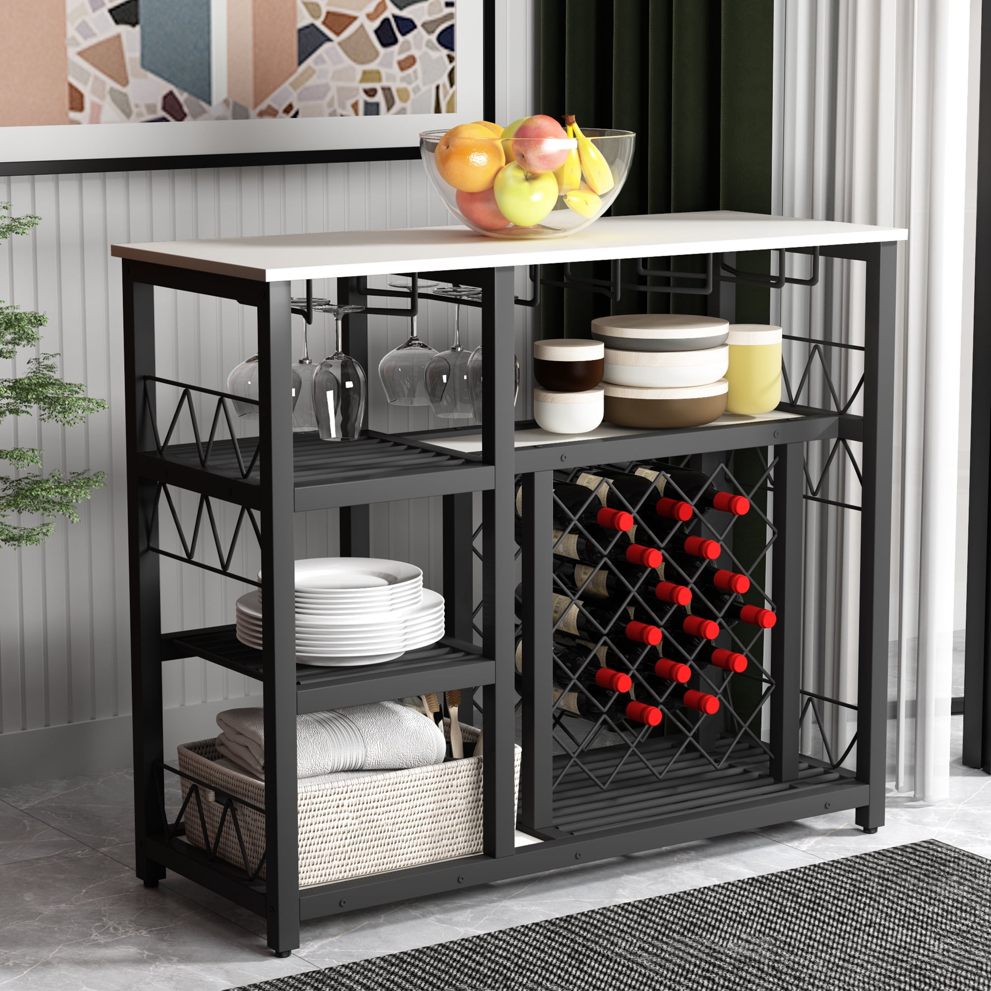 Wine Rack Table Coffee Bar, Industrial Metal Bar Cabinet with Wine Storage  Rack, 4-Tier Liquor Cabinet with Glass Holder \u0026 Shelf for Bar Kitchen  Dining Room, White - Walmart.com, image size:2000x2000