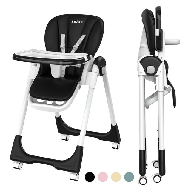 Sejoy Foldable Baby High Chair with 4 Wheels, Adjustable Seat Height